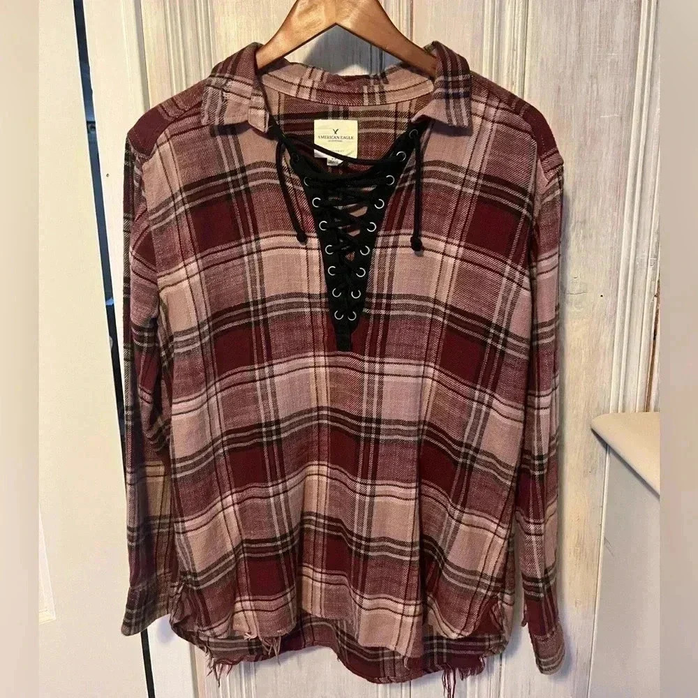 AMERICAN EAGLE plaid burgandy oversized lace up top distressed|M whimsigoth